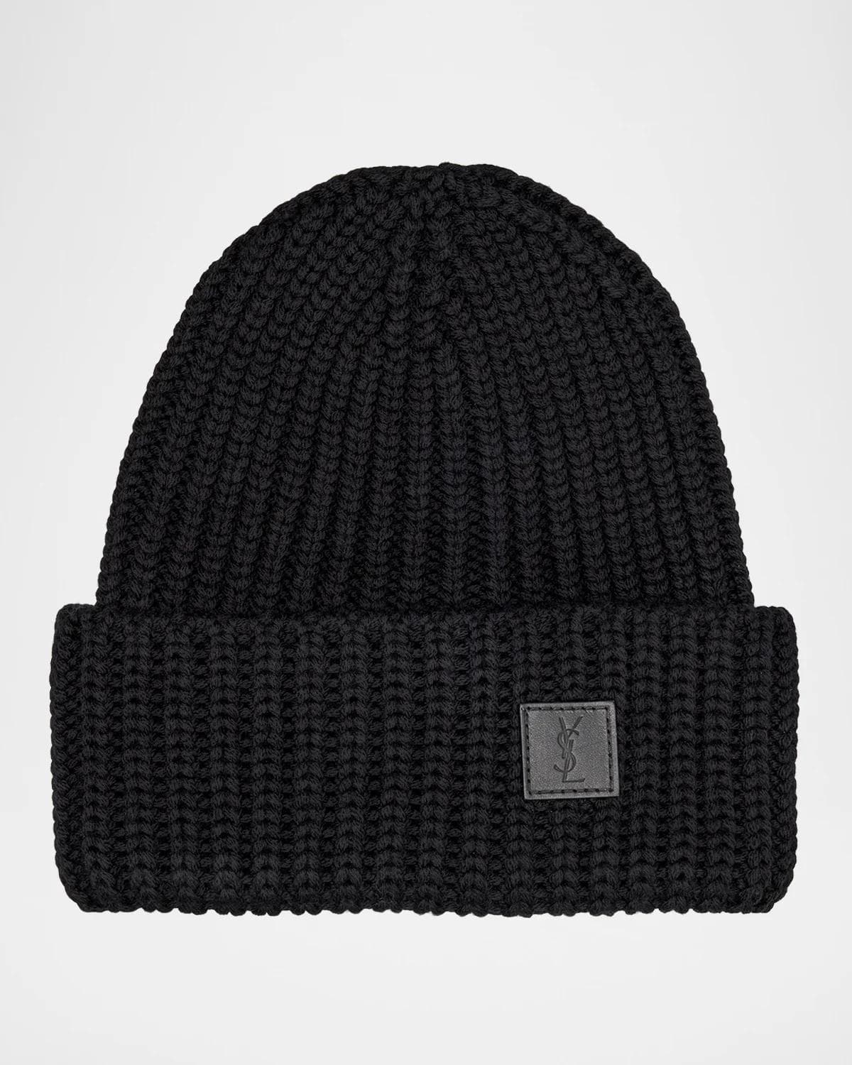 Saint Laurent Men's Ribbed Wool YSL-Patch Beanie Hat