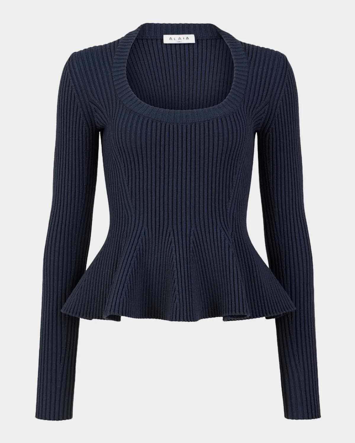 ALAÏA Wool Rib Long-Sleeve Peplum Top