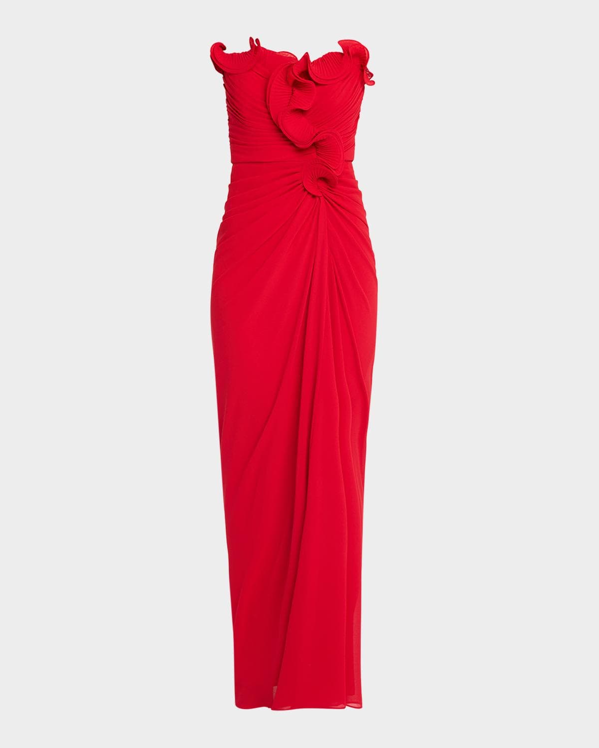 Badgley Mischka Pleated Ruffled Chiffon Column Gown