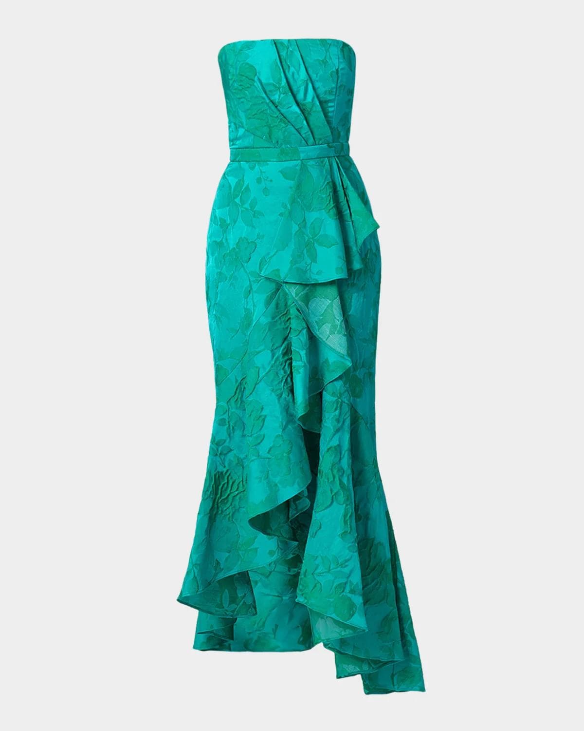 Shoshanna Strapless Floral Jacquard Ruffle Gown