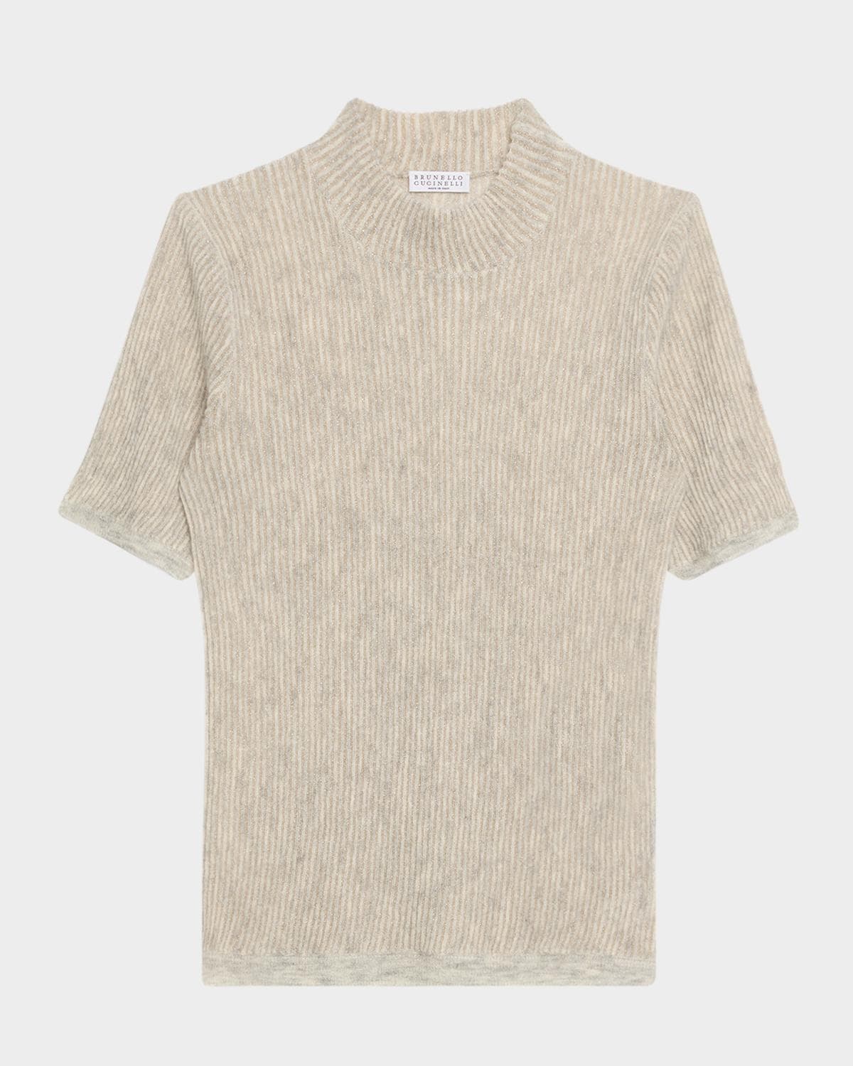 Brunello Cucinelli Mock-Neck Metallic Silk-Wool Short-Sleeve Sweater