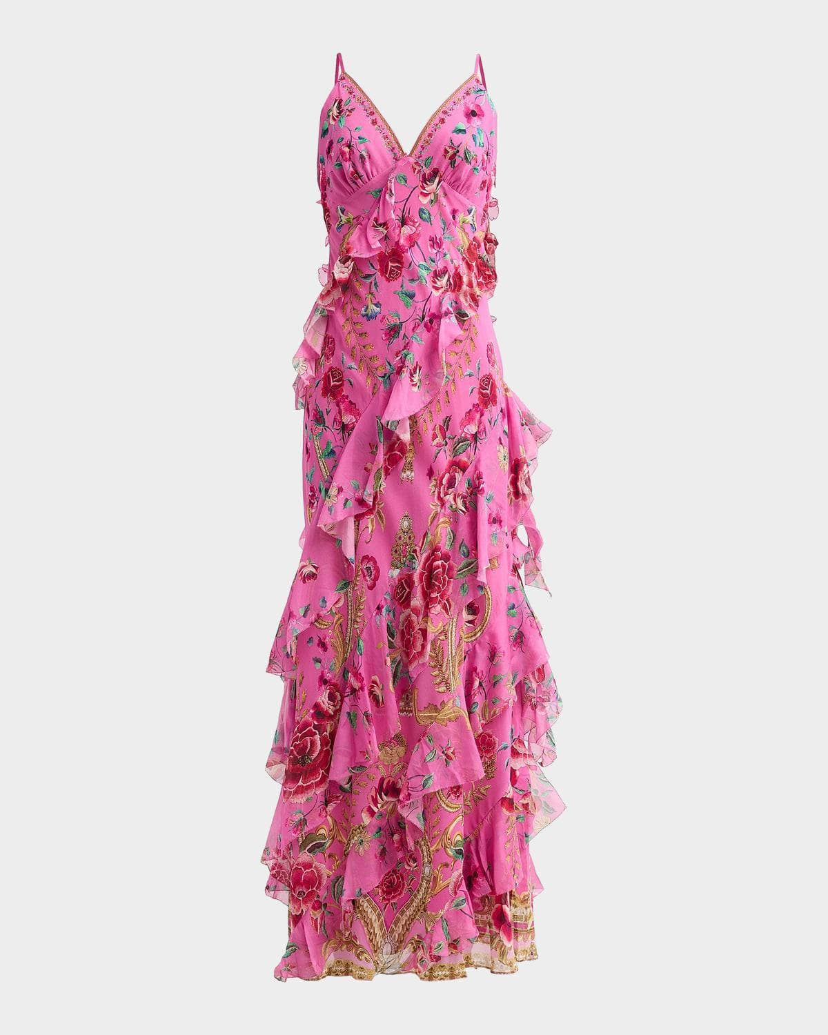 Camilla Maradora Flora Print Silk Ruffle Slip Dress