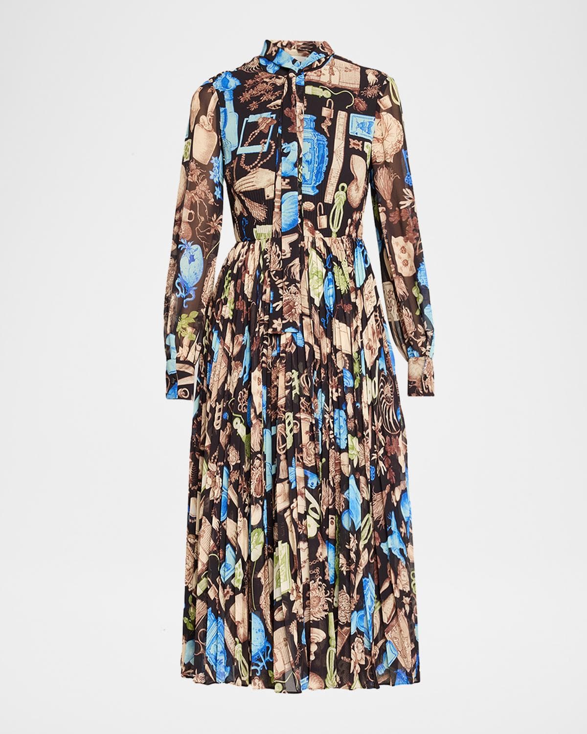 Jason Wu Collection Tie-Neck Pleated Chiffon Long-Sleeve Midi Dress