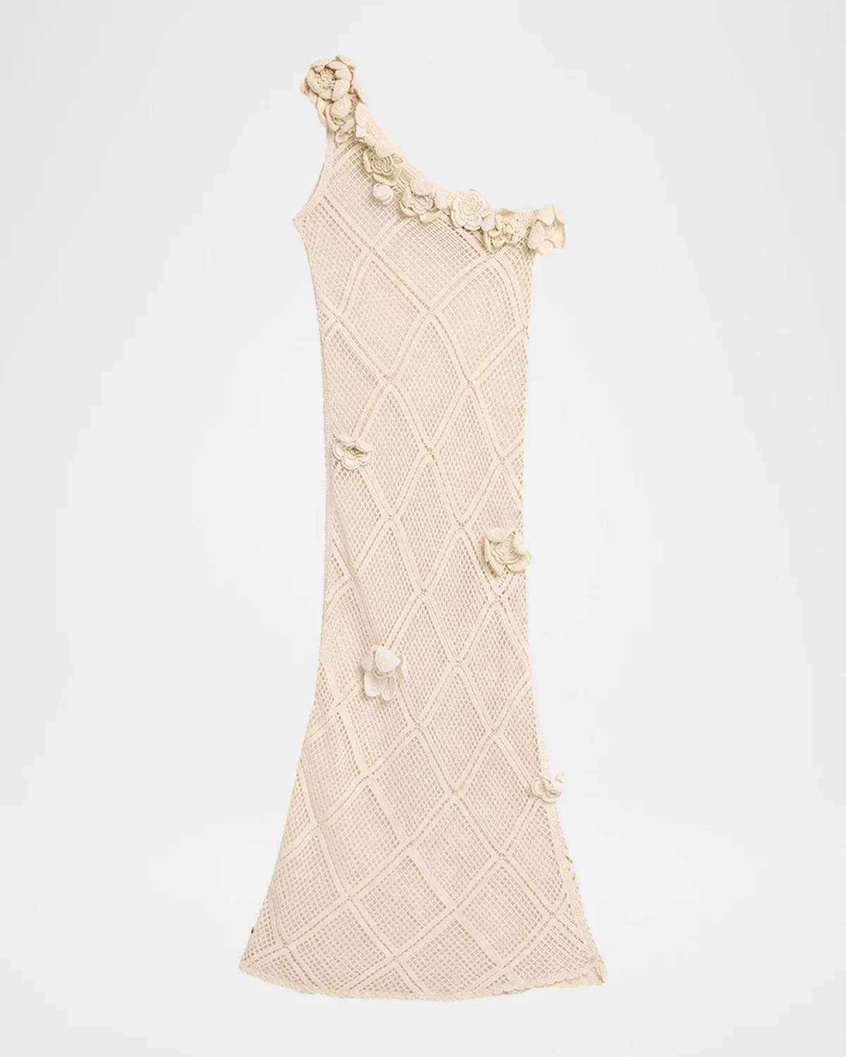 JW Anderson Floral Crochet One-Shoulder Net Knit Ankle Dress