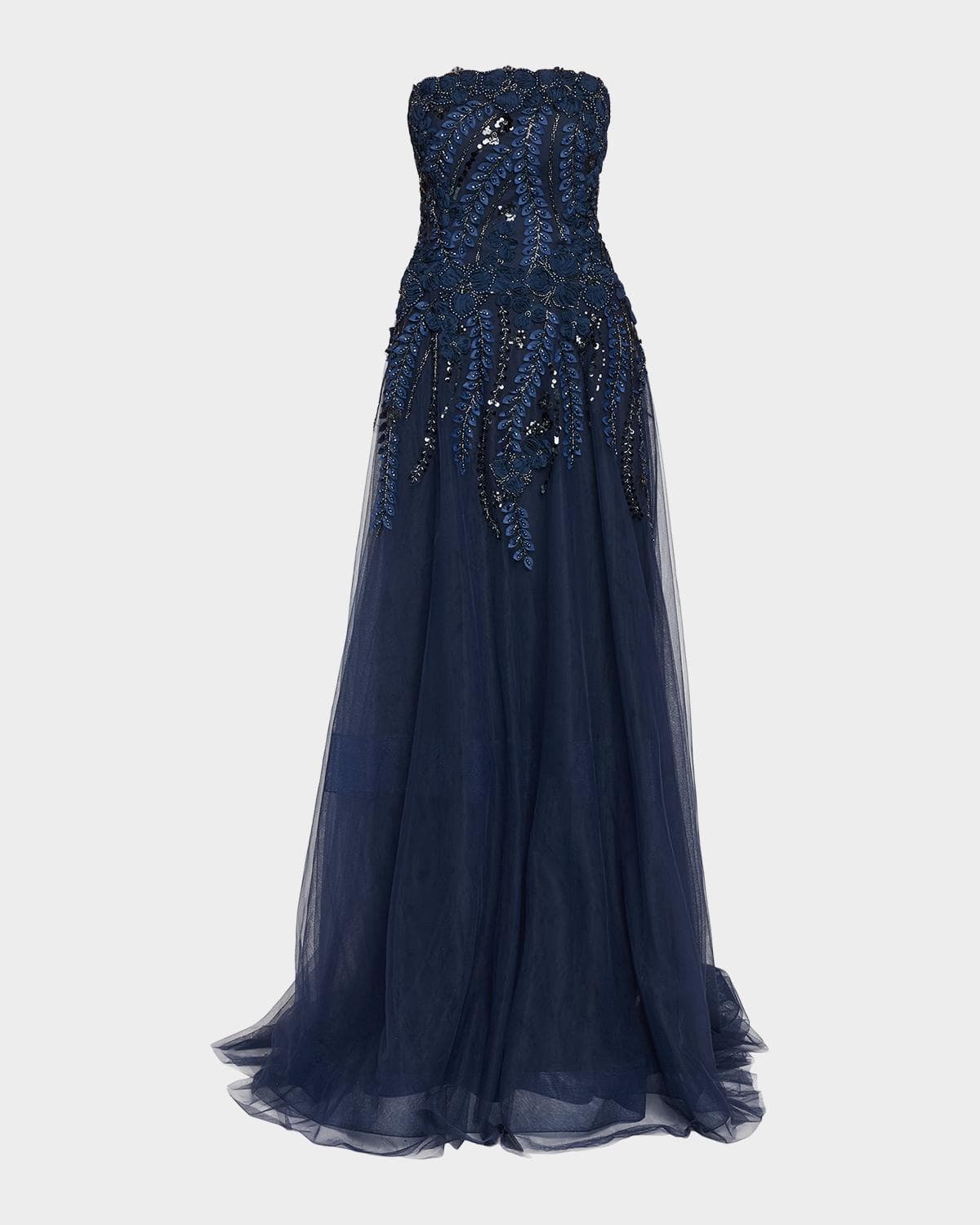 Rickie Freeman for Teri Jon Floral-Embellished Tulle Strapless Gown