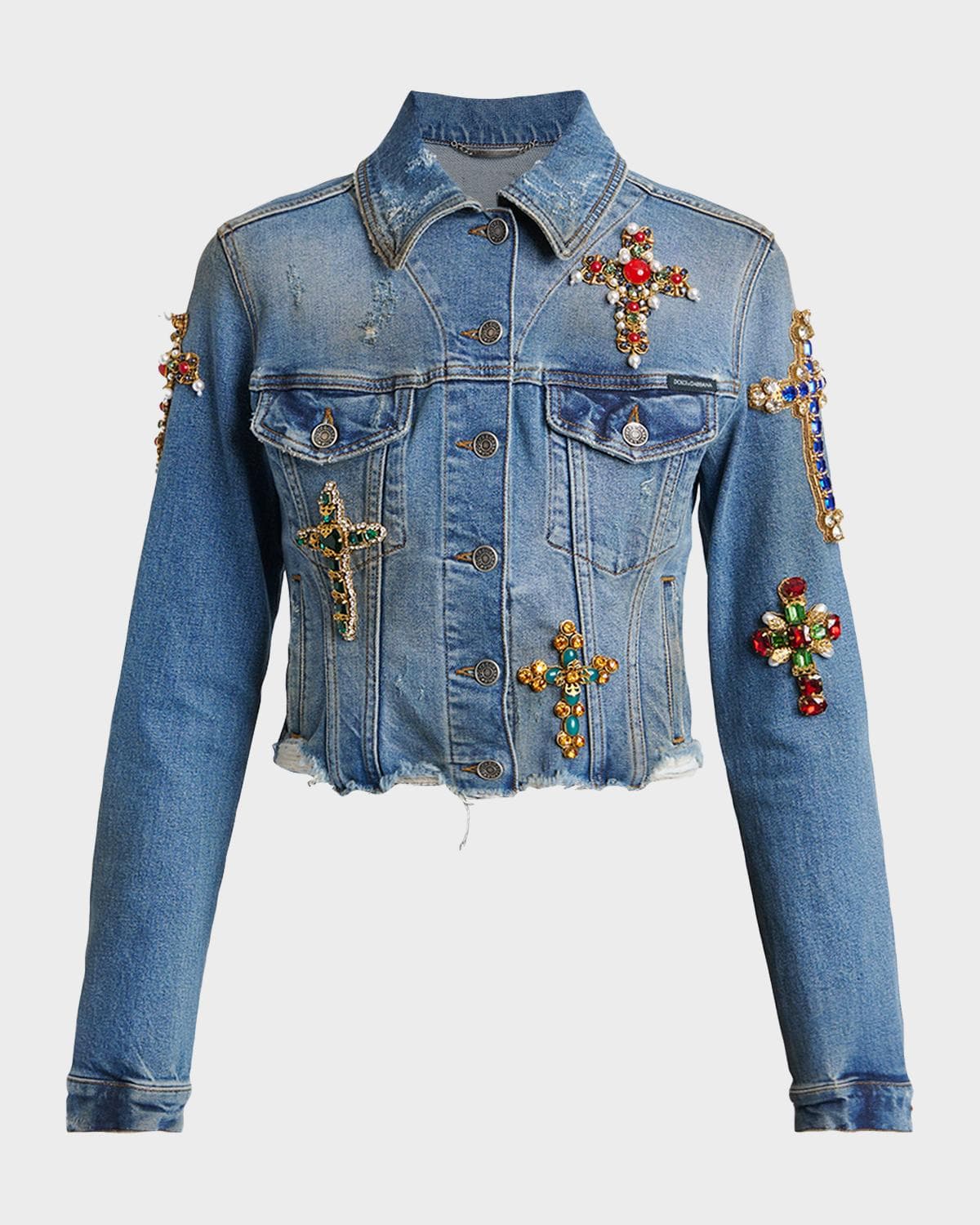 Dolce & Gabbana Cross Embellished Distressed Denim Jacket