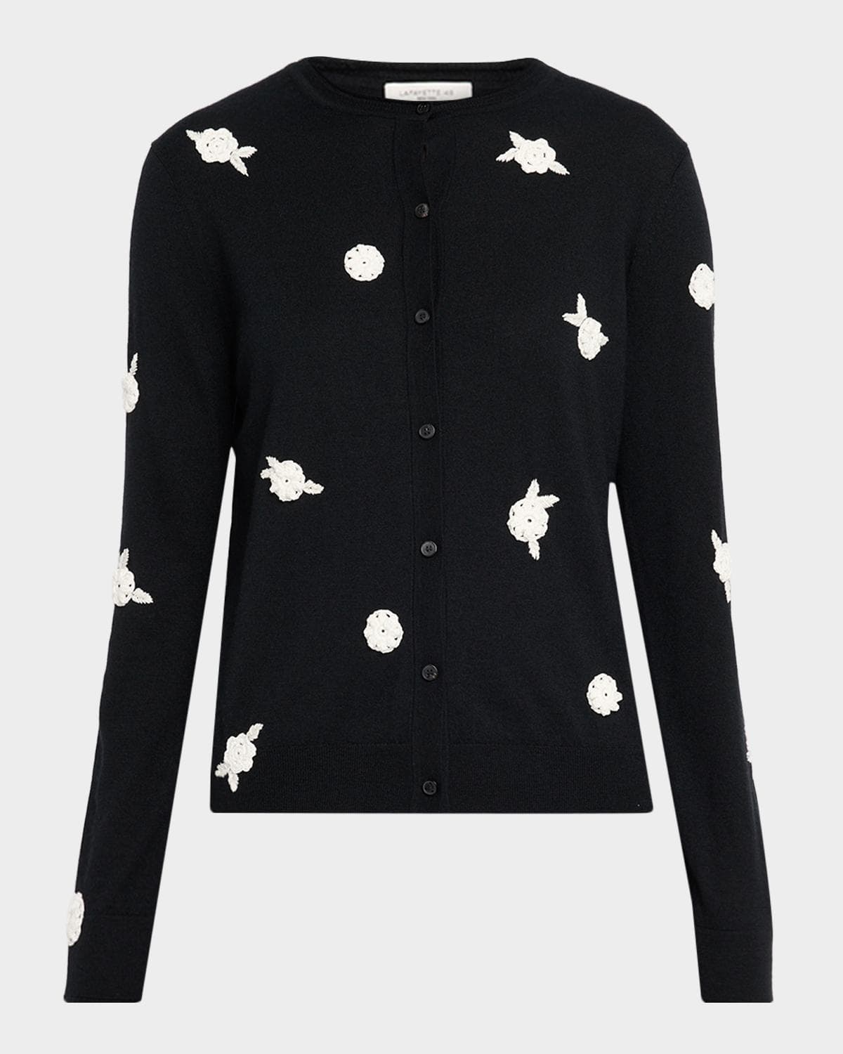 Lafayette 148 New York Crewneck Floral Applique Cashmere Cardigan