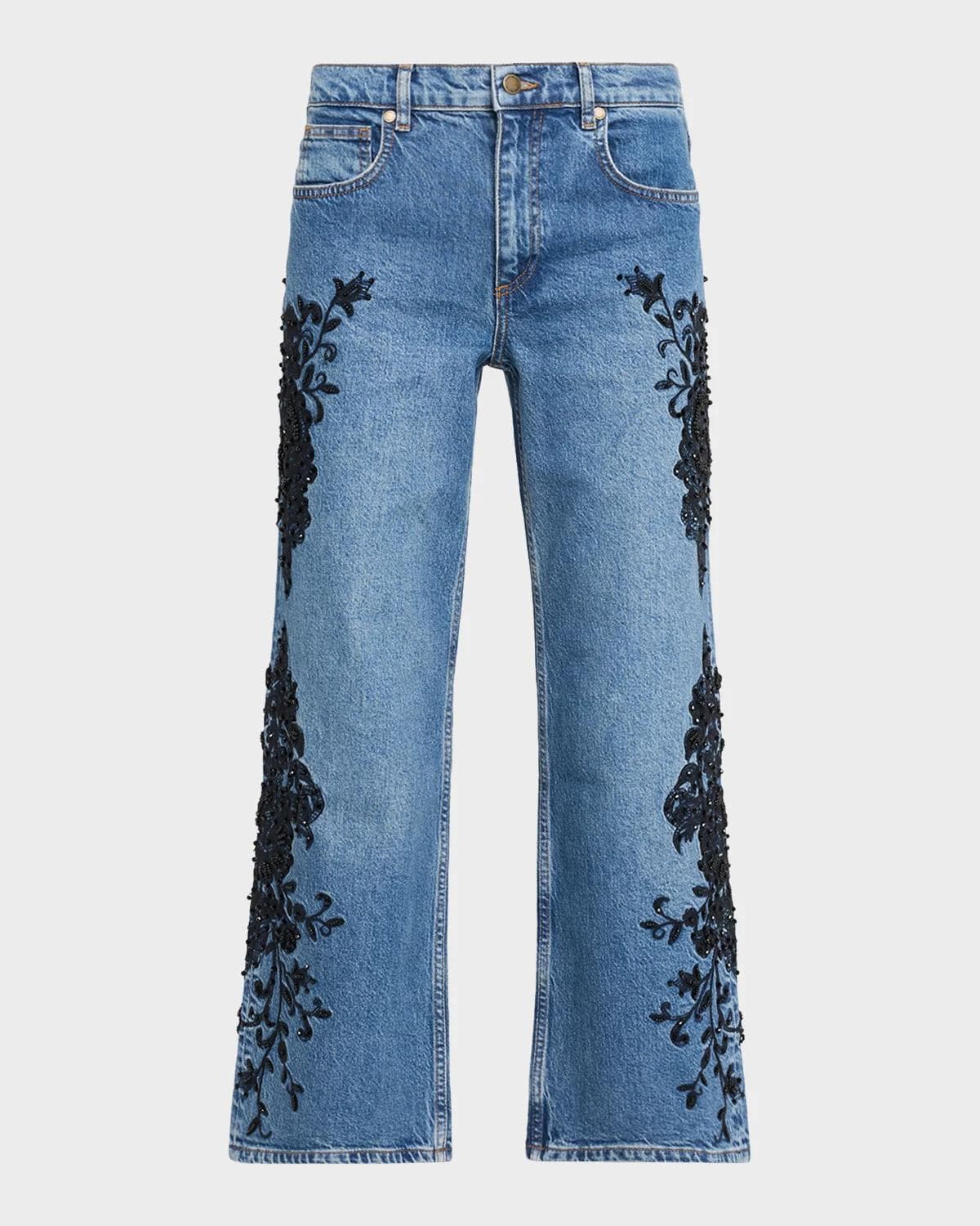Ramy Brook Lea Beaded High-Rise Wide-Leg Crop Jeans