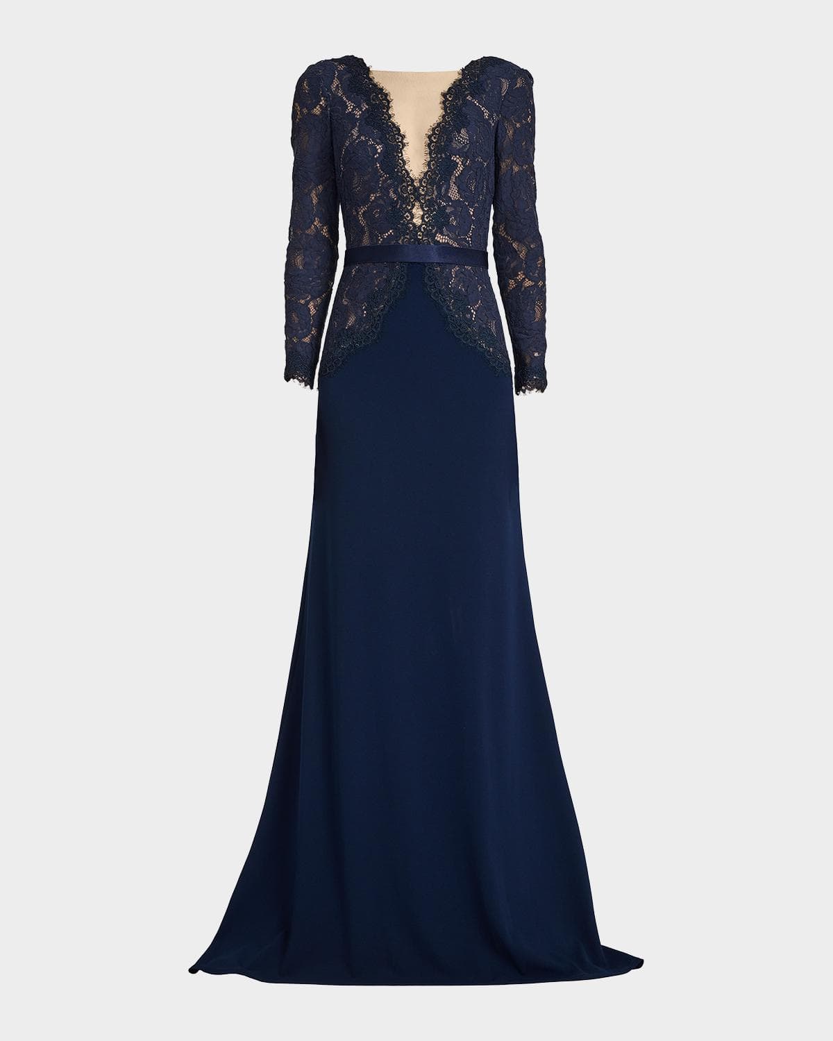 Tadashi Shoji Plunging Illusion Lace & Crepe Gown
