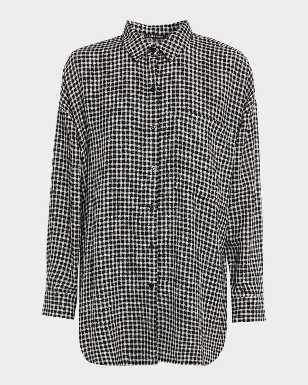 Eileen Fisher Crinkled Wool-Cotton Grid Shirt
