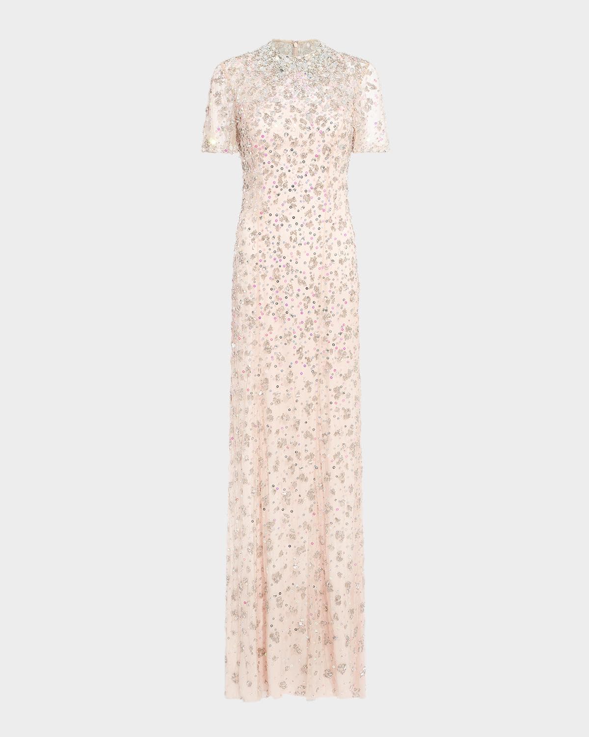 Jenny Packham Orchid Crystal Short-Sleeve Column Gown