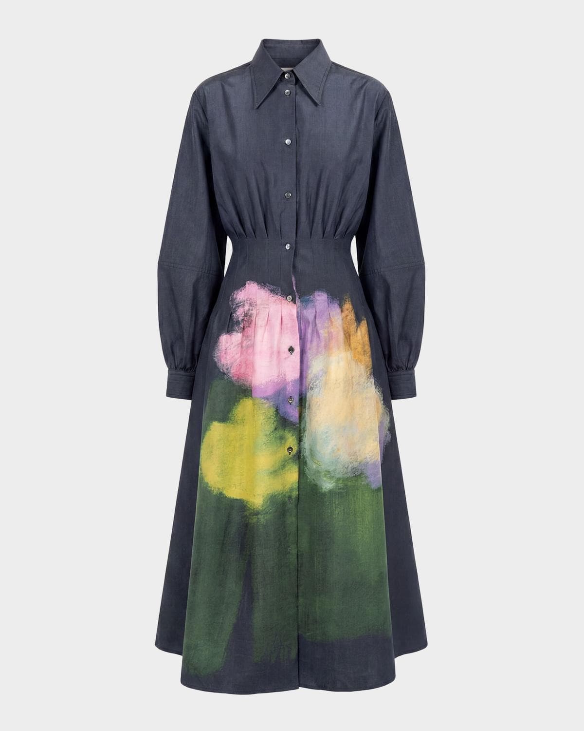 LOVEBIRDS Mistfall Pleated Abstract-Print Silk Midi Shirtdress