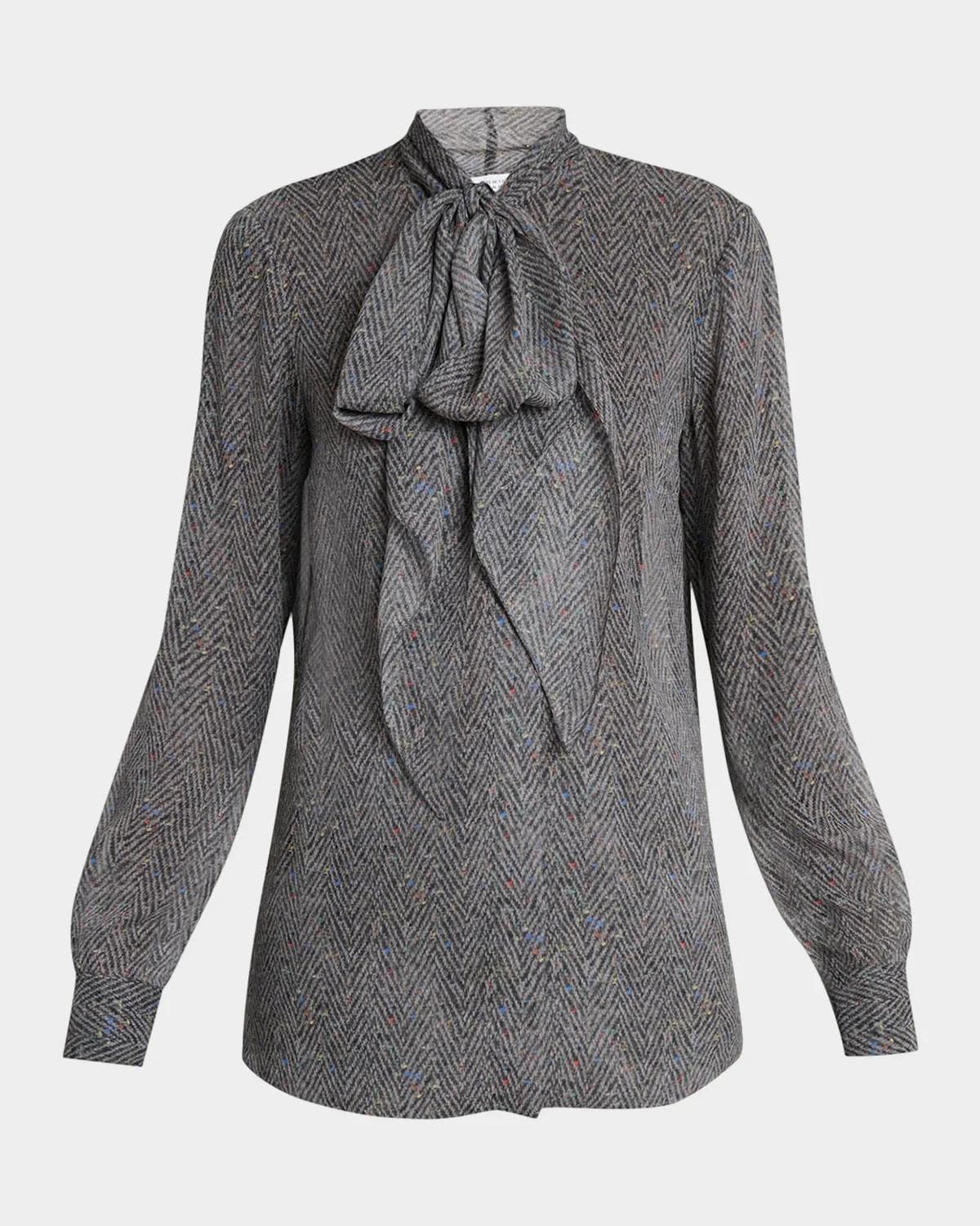 Gabriela Hearst Shildon Herringbone Silk Bow Button-Down Top