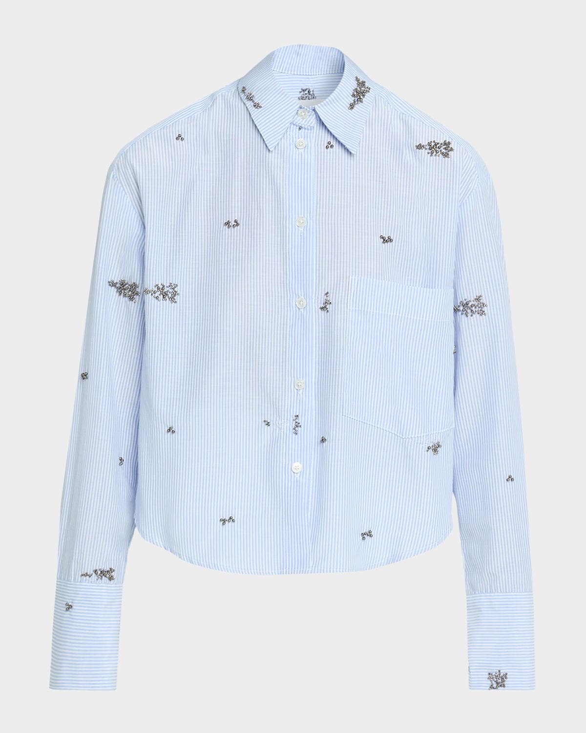 CISSA Embellished Striped Cropped Button-Front Shirt