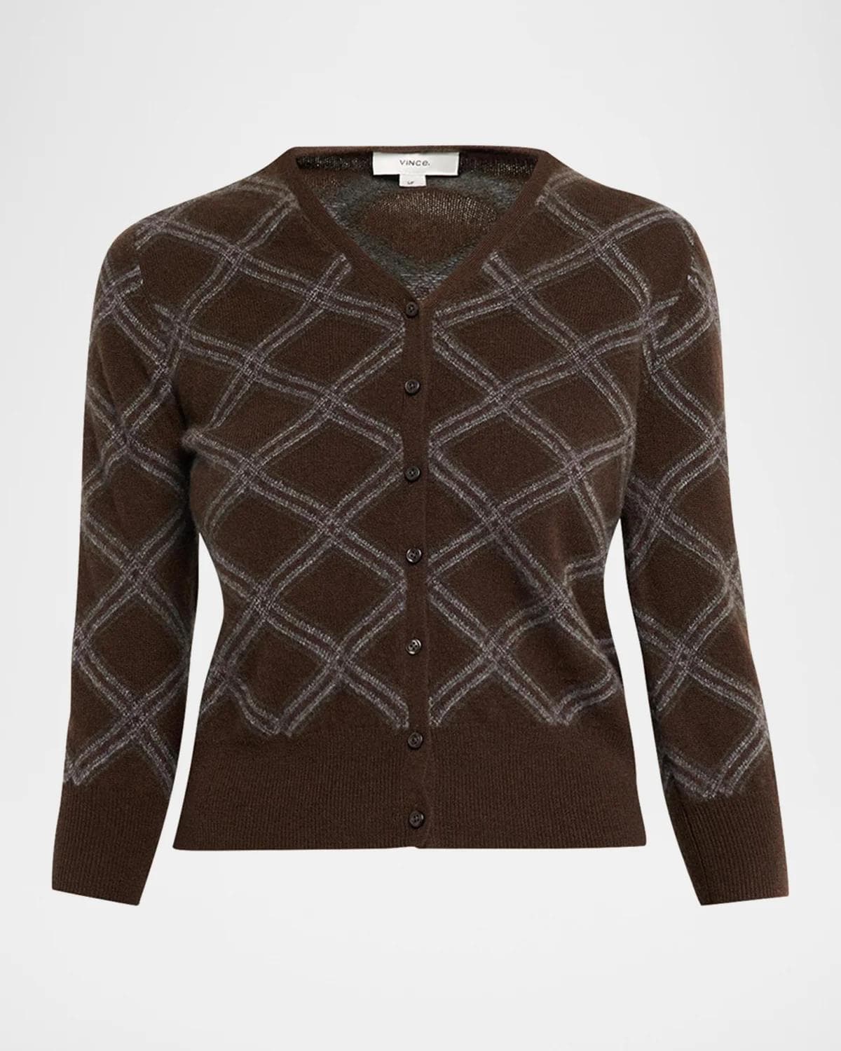 Vince Diamond Plaid Cashmere V-Neck Cardigan