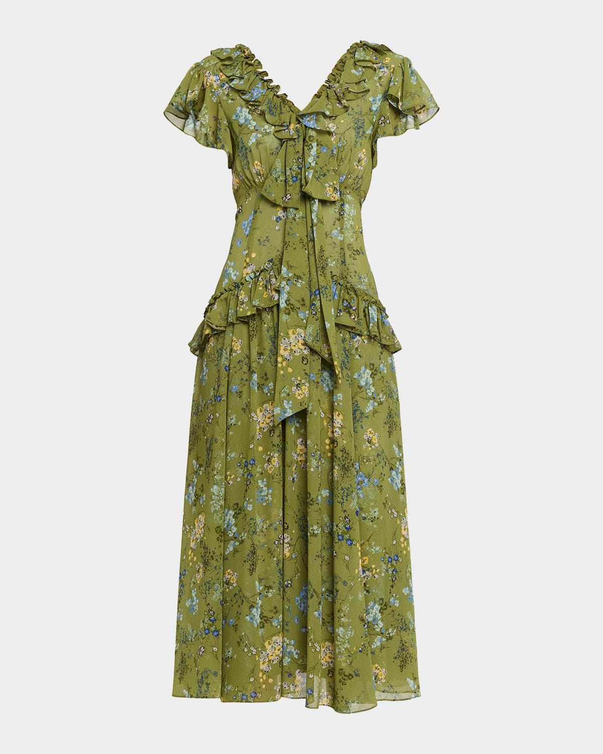 Cinq à Sept Windswept Floral Siv Ruffle Midi Dress