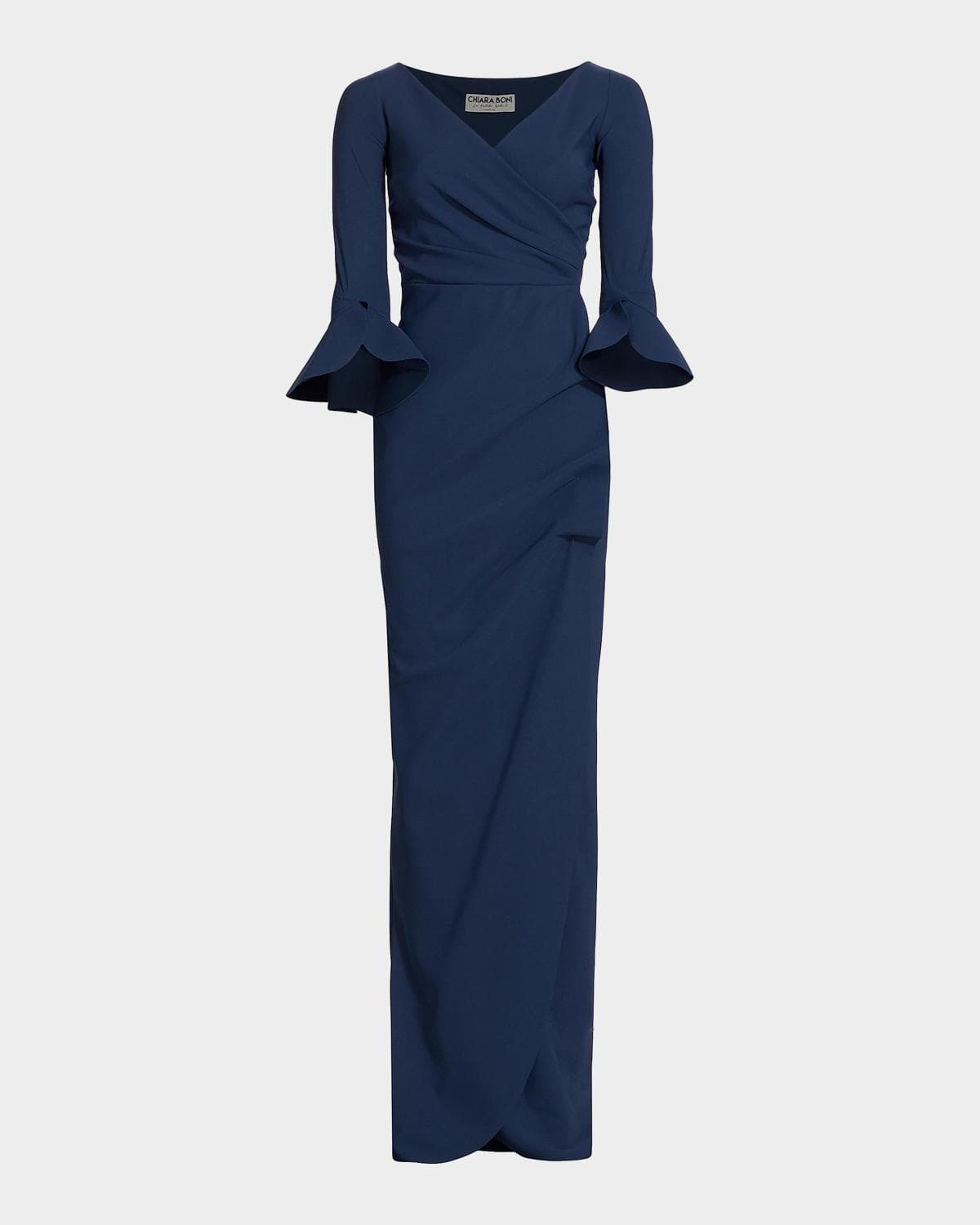 Chiara Boni La Petite Robe Zalfa Ruched 3/4-Sleeve Column Gown