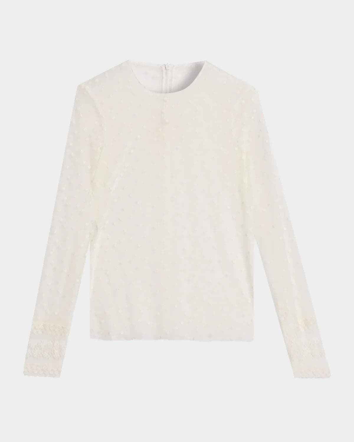 Alberta Ferretti Lace-Trim Dotted Tulle Long-Sleeve Blouse