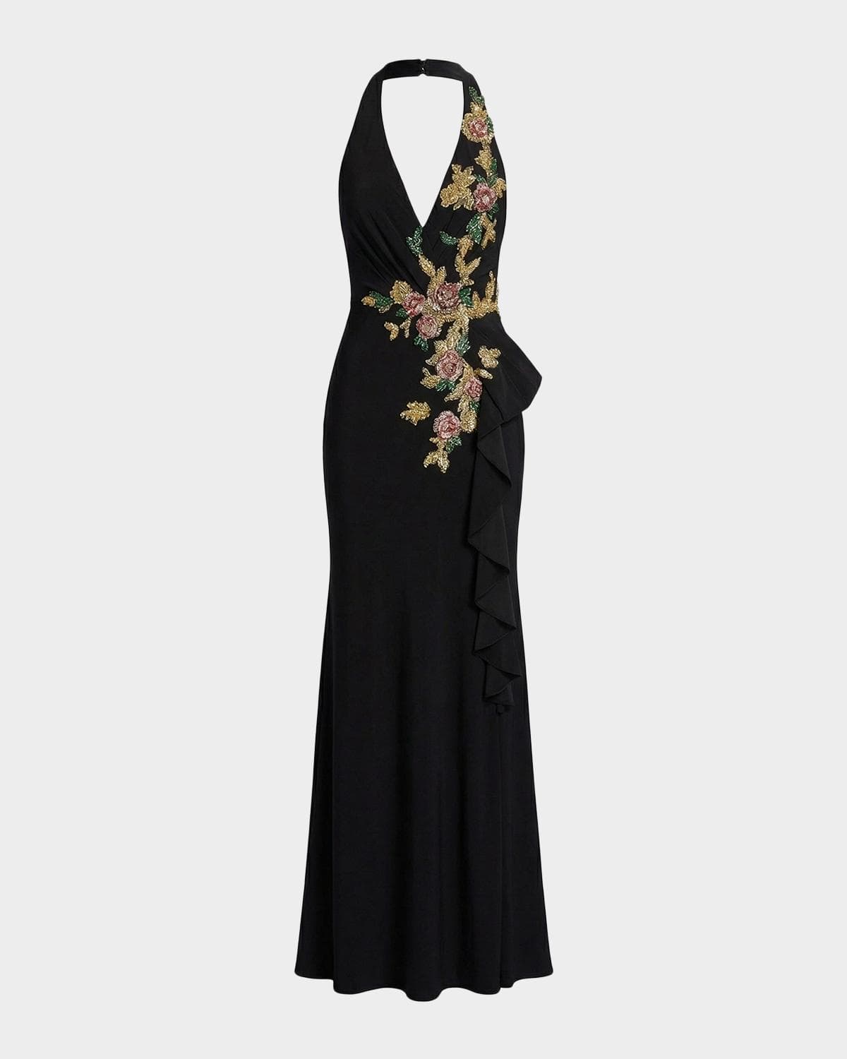 Mac Duggal Floral Beaded Plunging Halter Gown
