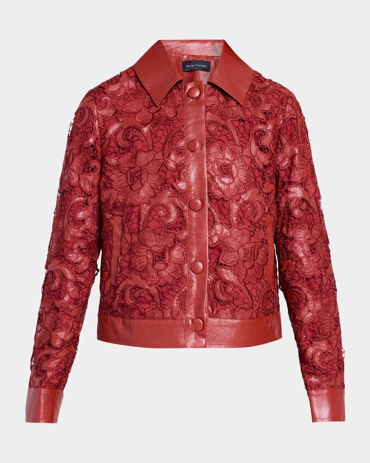 Elie Tahari Chayenne Guipure Lace & Faux-Leather Crop Jacket