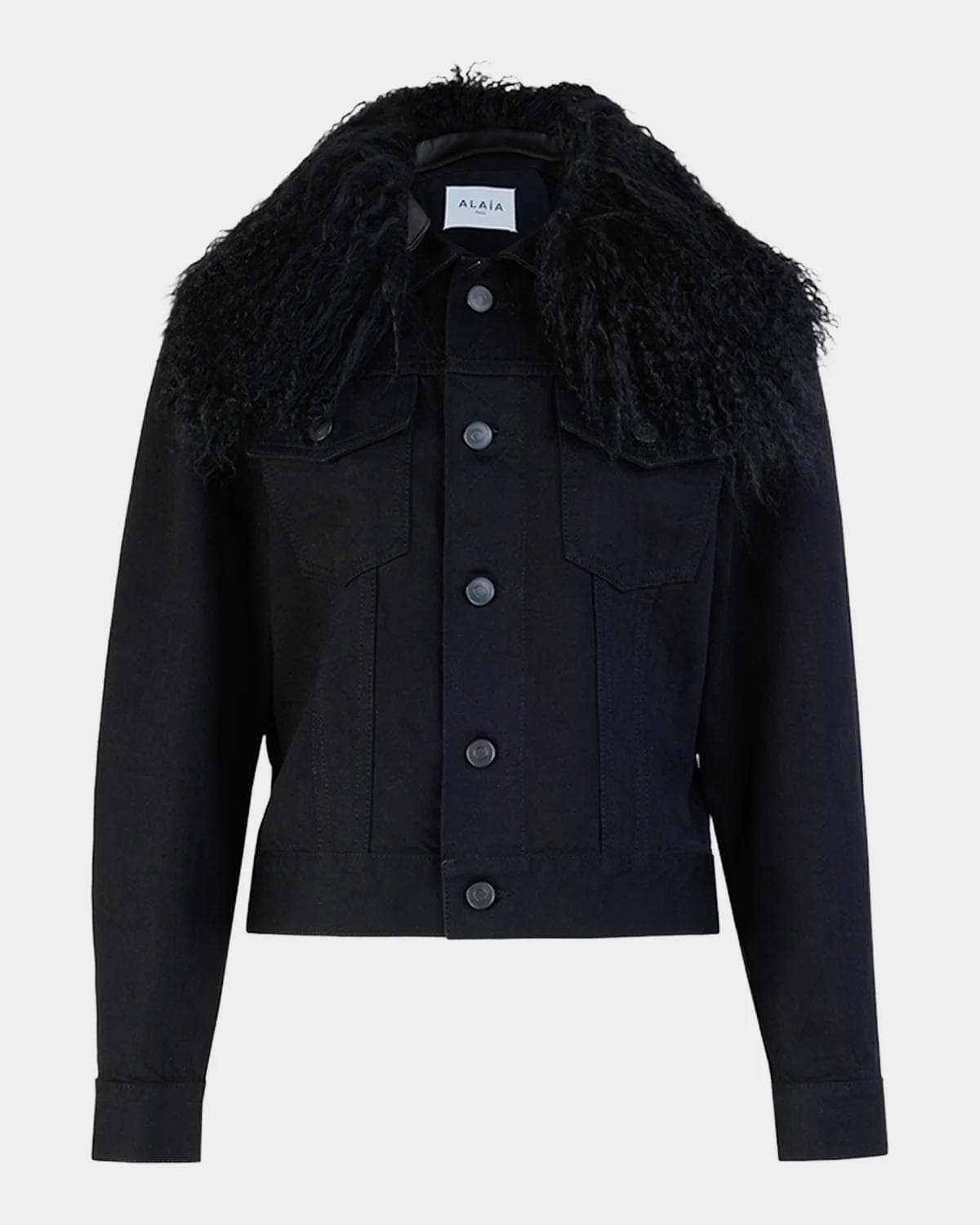 ALAÏA Lamb Shearling Collar Denim Trucker Jacket