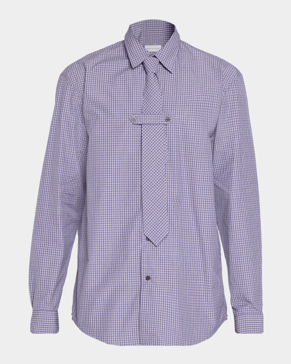 Dries Van Noten Men's Cilian 4063 Check Button-Front Shirt with Tie