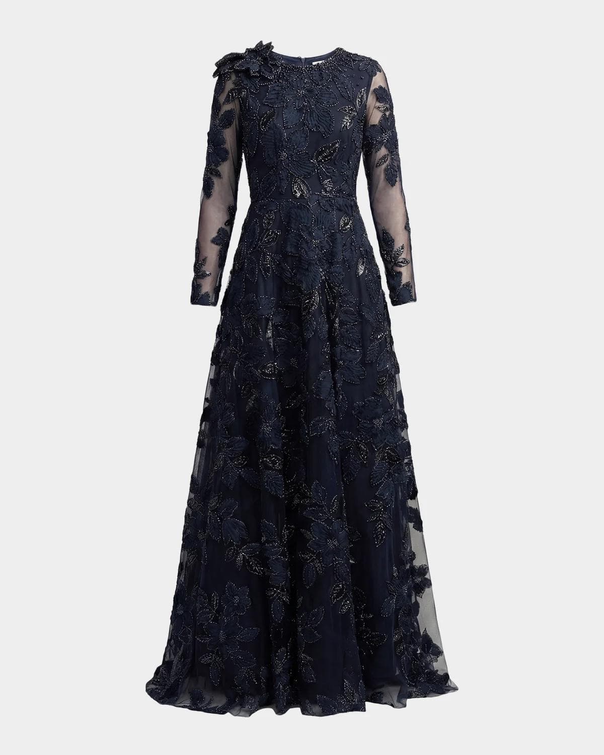 Mac Duggal Floral Mesh Long-Sleeve Gown