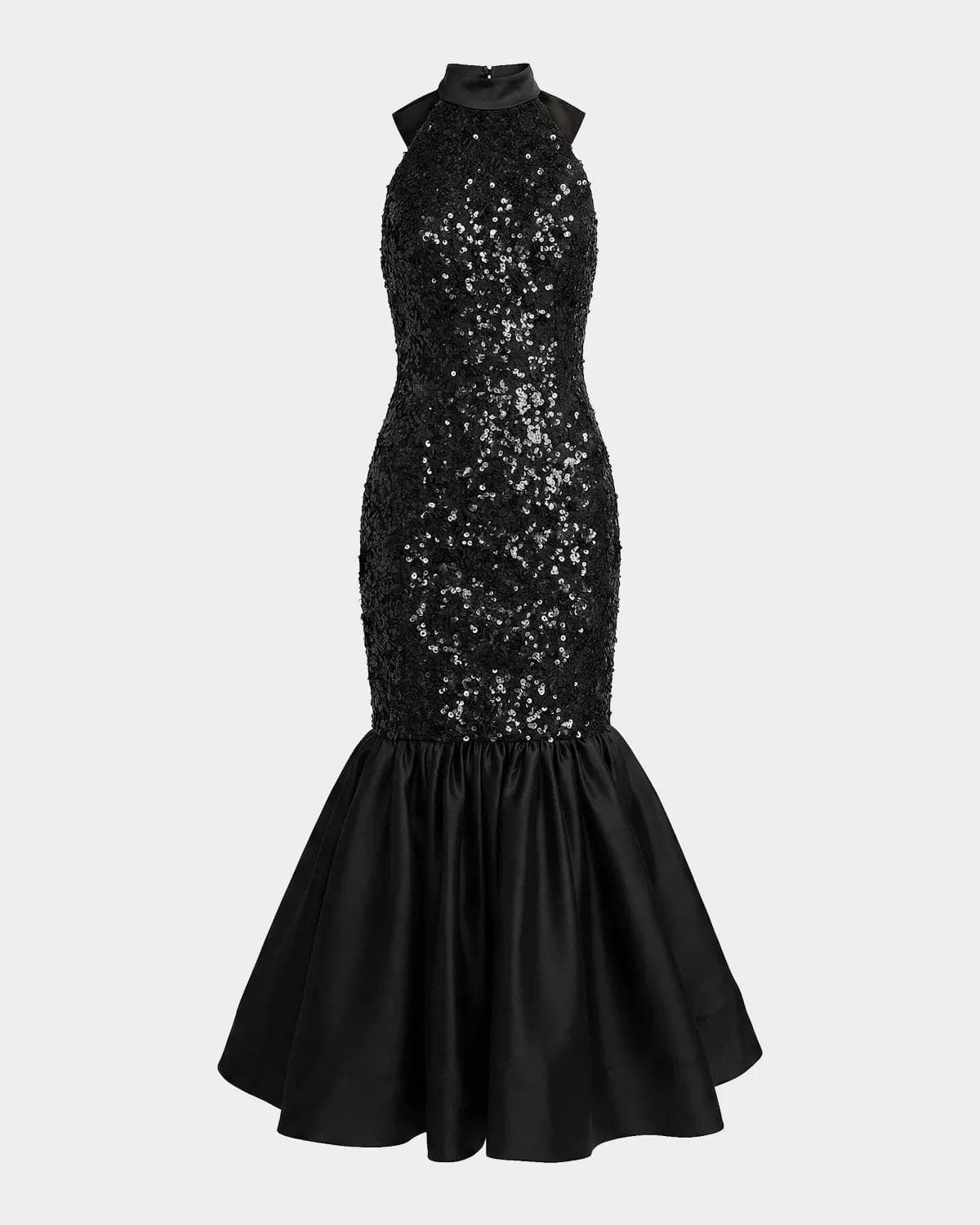 Mac Duggal Sequined Lace-Satin Halter Mermaid Midi Dress