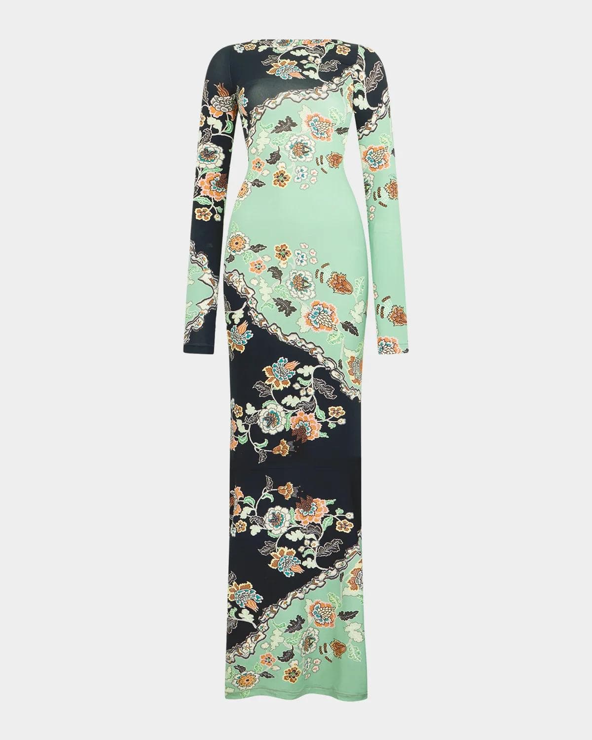 Roberto Cavalli Long-Sleeve Floral-Print Jersey Body-Con Maxi Dress