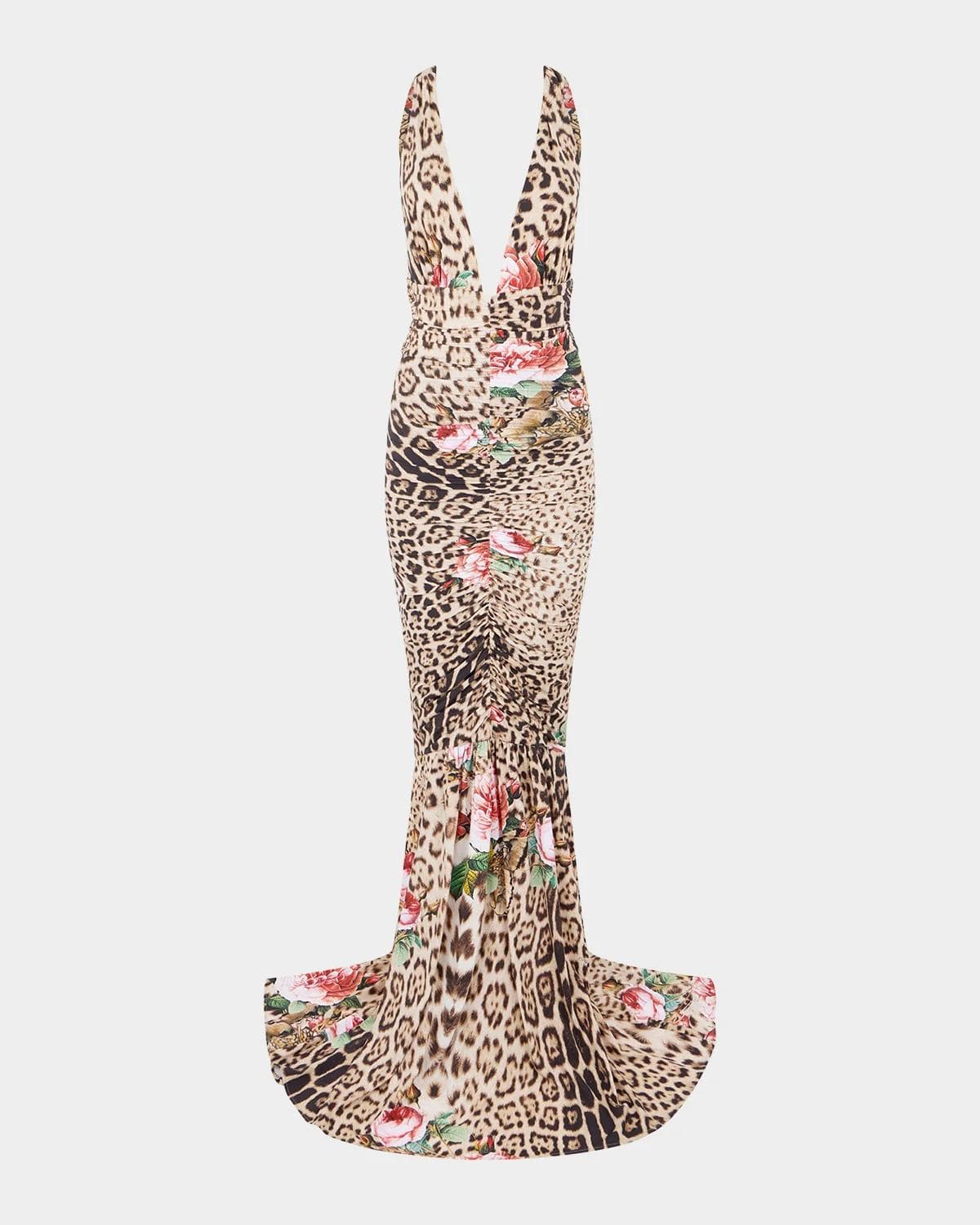 Roberto Cavalli Plunging Floral Leopard-Print Ruched Mermaid Maxi Dress