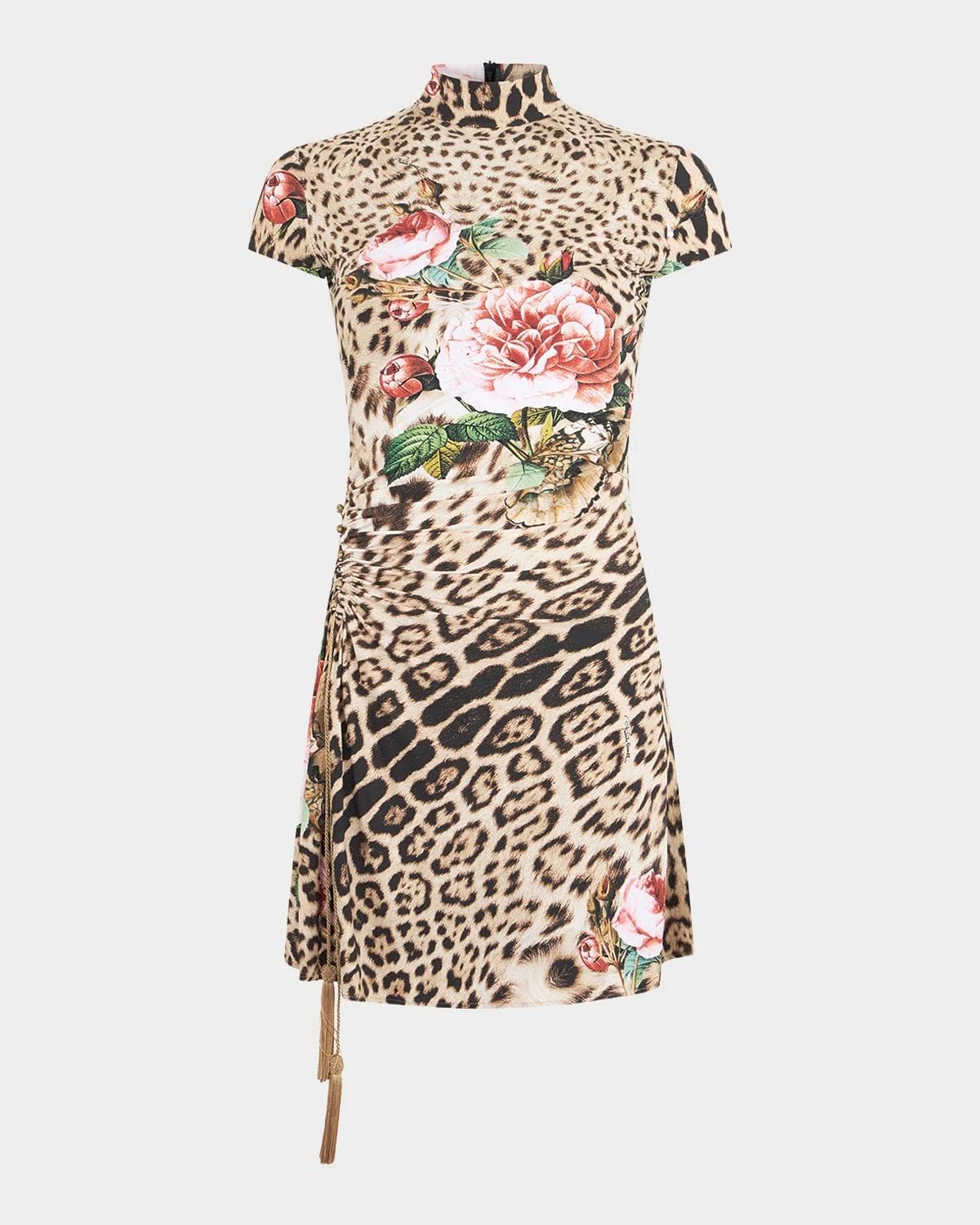 Roberto Cavalli Mock-Neck Floral Leopard-Print Jersey Ruched Mini Dress