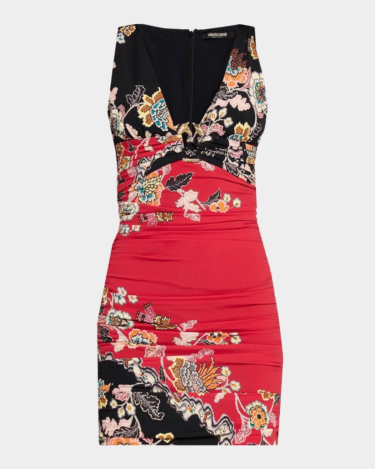 Roberto Cavalli Ruched Sleeveless Floral Mini Dress