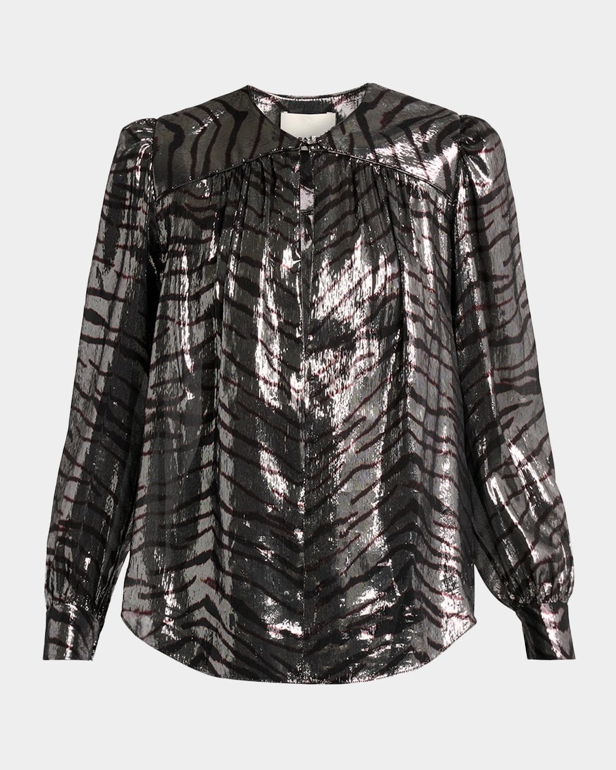 Isabel Marant Farali Metallic Tiger-Print Silk Gathered Blouse