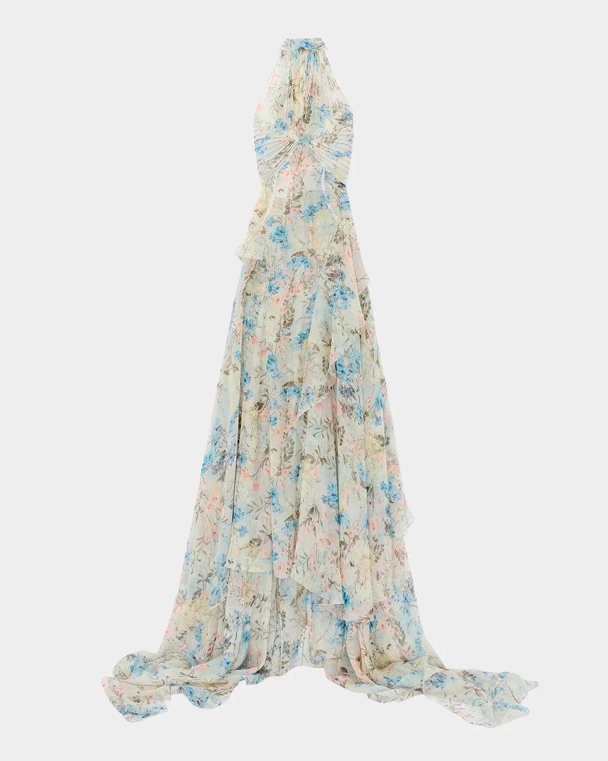 McQueen Pleated Floral Silk Georgette Halter Evening Dress