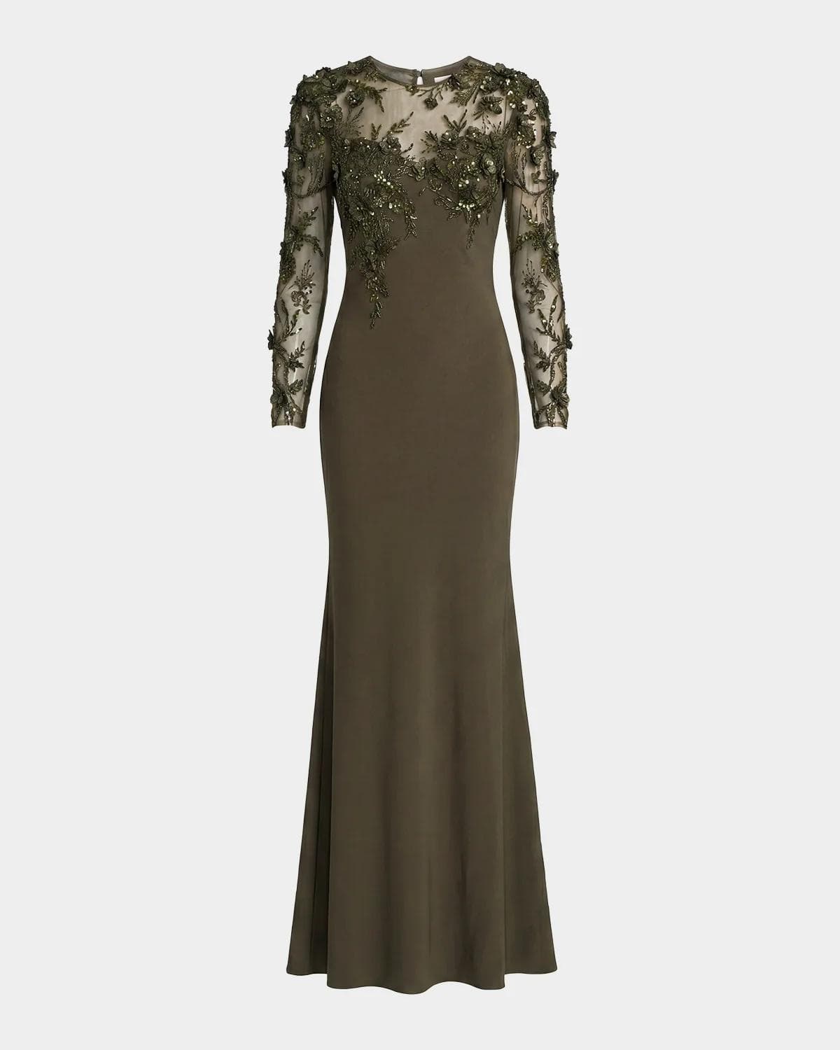 Mac Duggal Floral Embellished Long-Sleeve Column Gown
