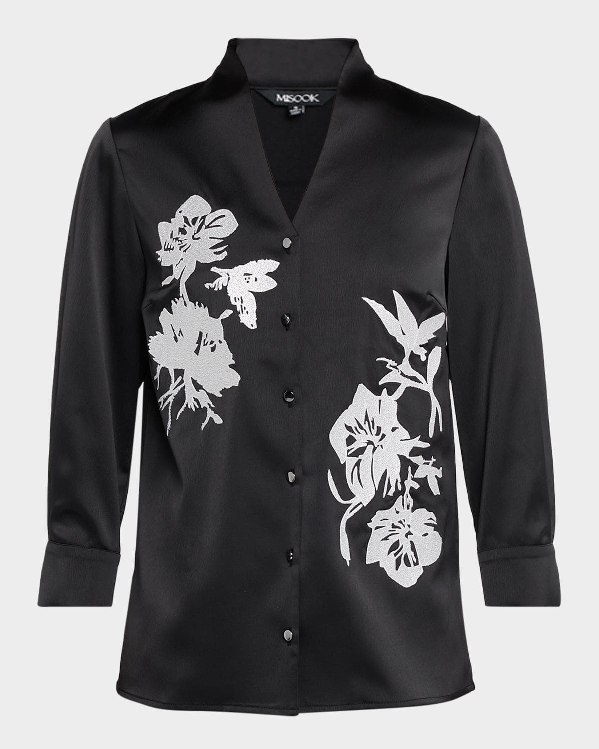 Misook Embroidered Crepe de Chine Blouse