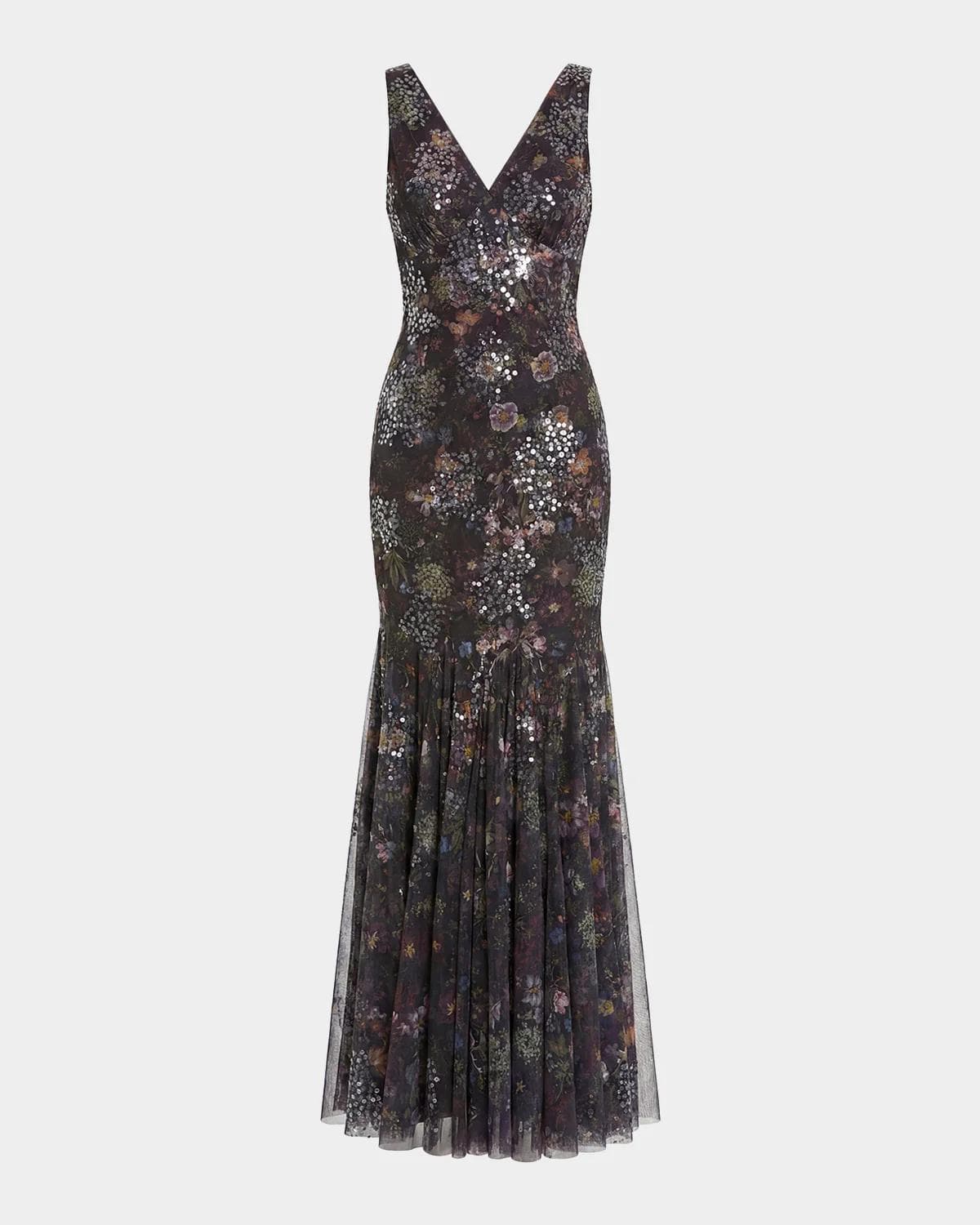 Mac Duggal Sequin Floral-Print Mesh Mermaid Gown