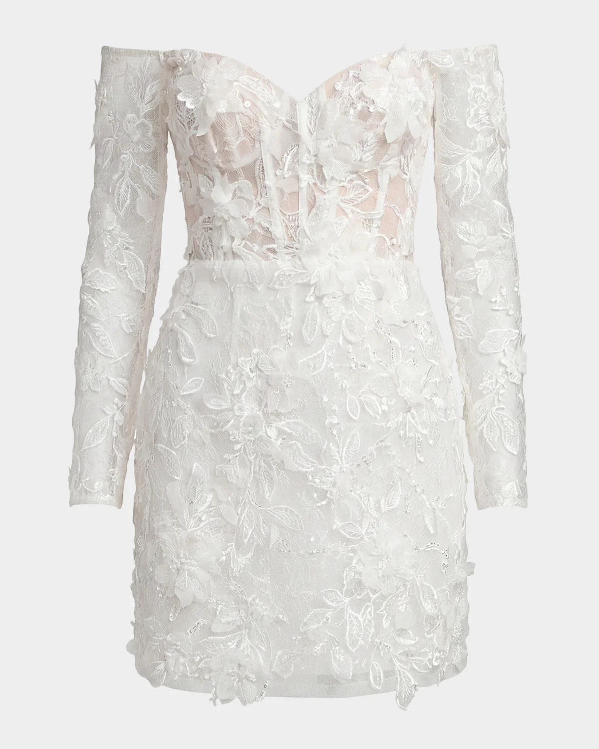 Mac Duggal Lace Off-the-Shoulder Long-Sleeve Mini Dress