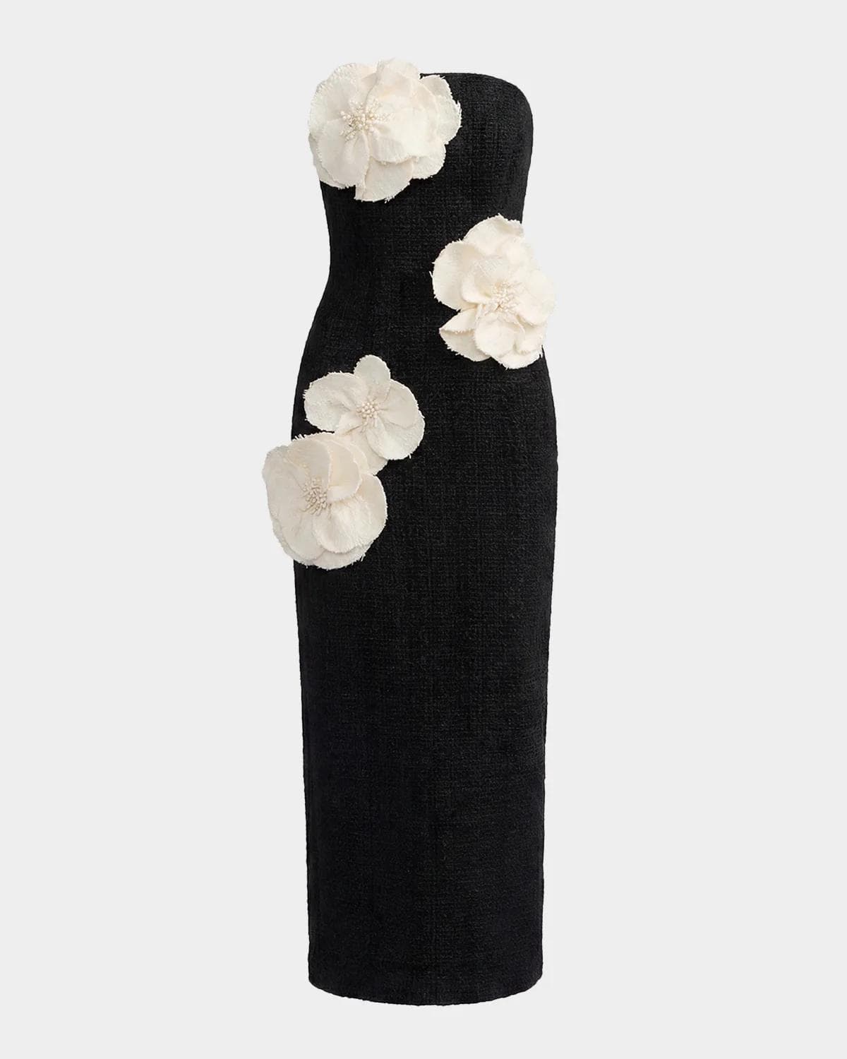 Mac Duggal Floral Appliqué Bouclé Strapless Midi Dress