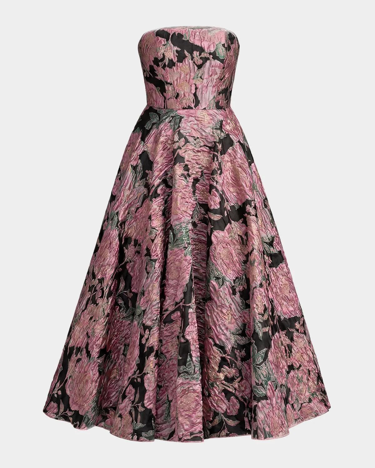 Mac Duggal Strapless Floral Brocade Midi-Dress
