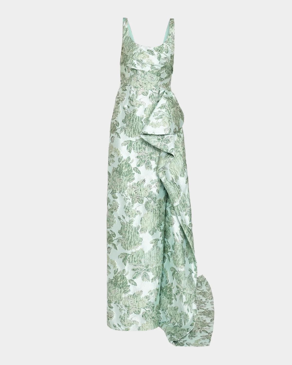 Pamella Roland Sleeveless Metallic Floral Jacquard Draped Column Gown