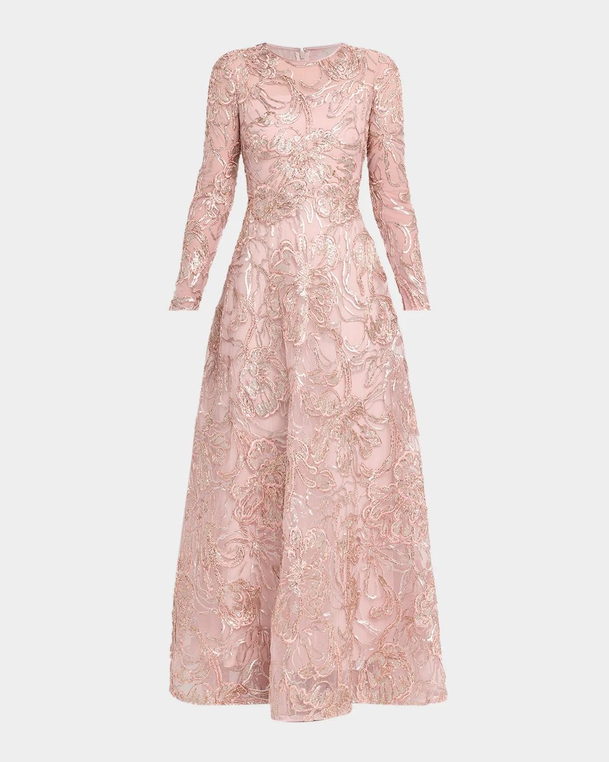 Pamella Roland Metallic Raffia Floral Embroidered Long-Sleeve Gown