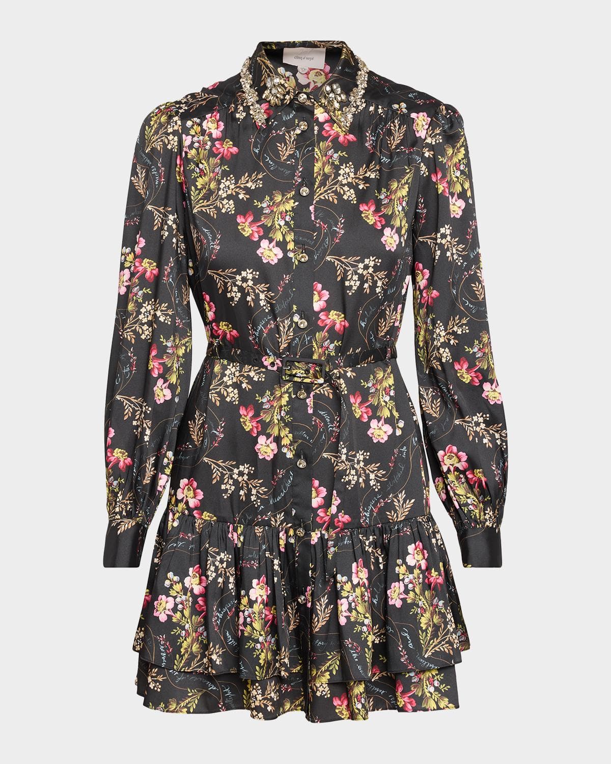 Cinq à Sept Love Letter Floral Belted Ruffle-Hem Mini Dress