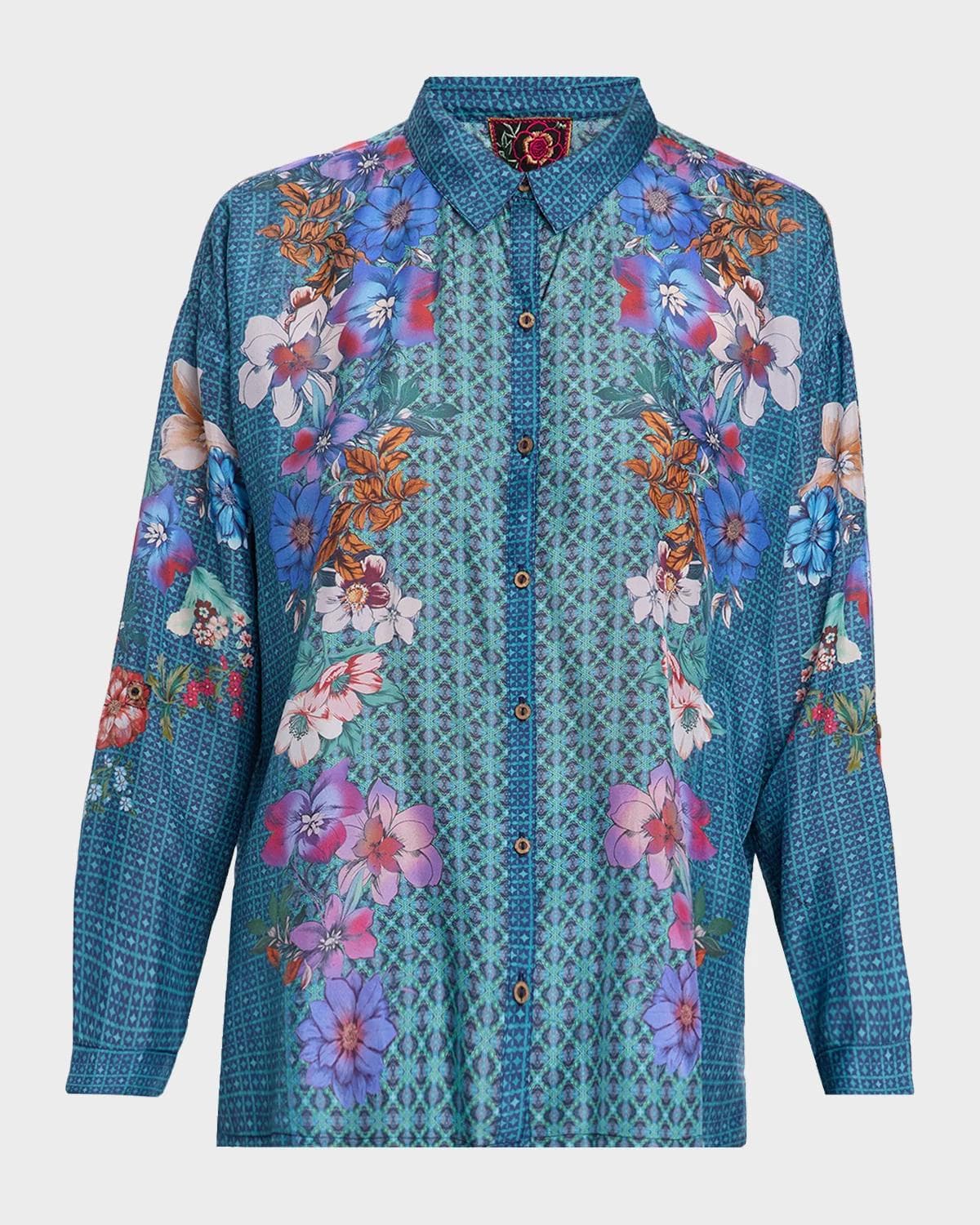 Johnny Was Luisa Floral & Geometric Silk Shirt
