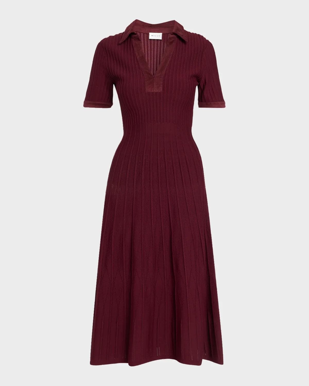 Milly Dylan Johnny-Collar Ribbed Midi Dress