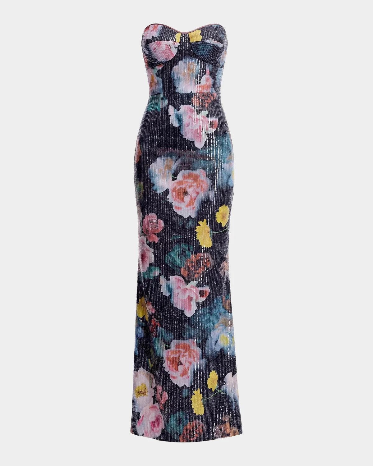 Dress the Population Black Label Vada Floral Sequined Strapless Maxi Gown