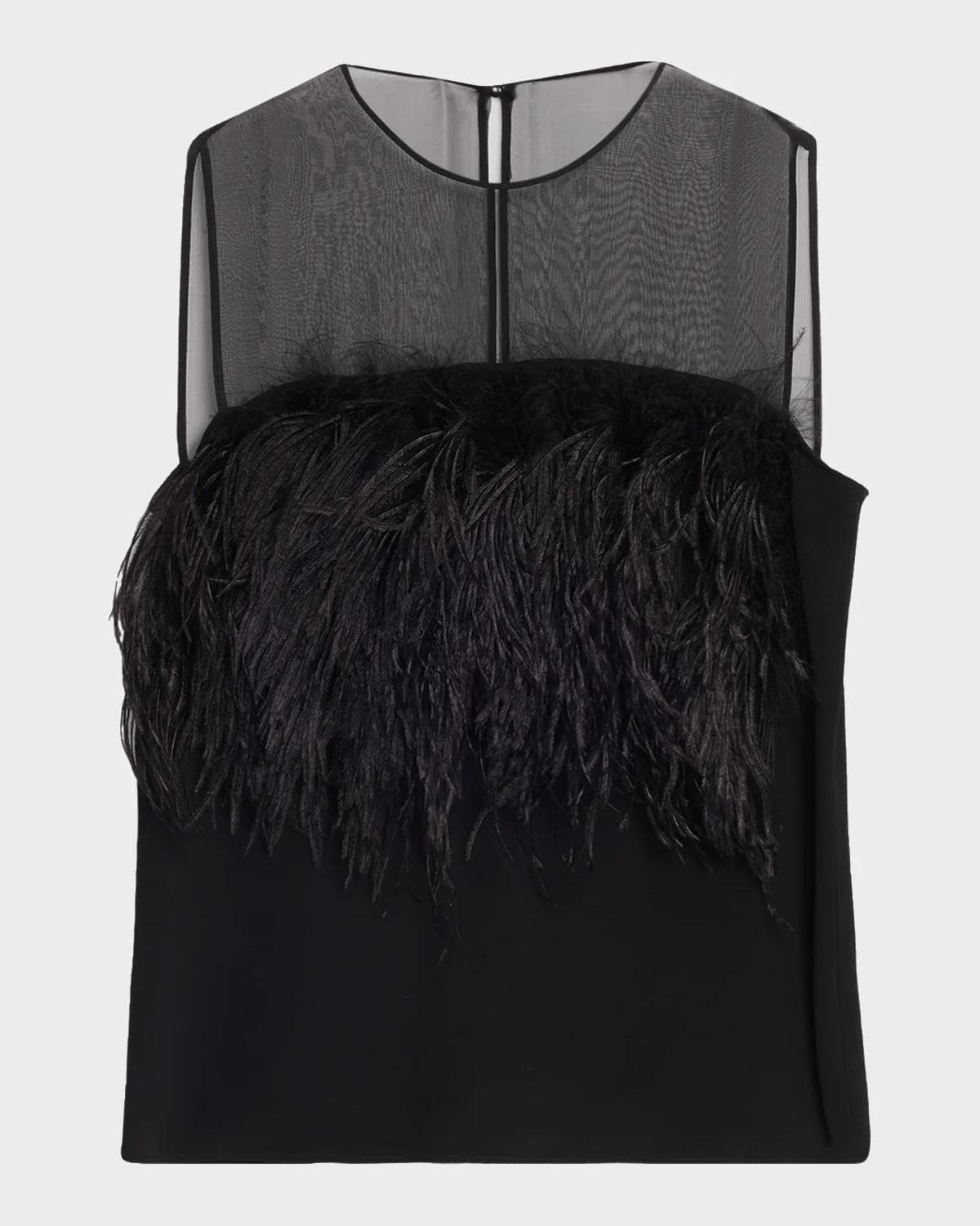 Alberta Ferretti Feather-Trim Sheer Yoke Sleeveless Top