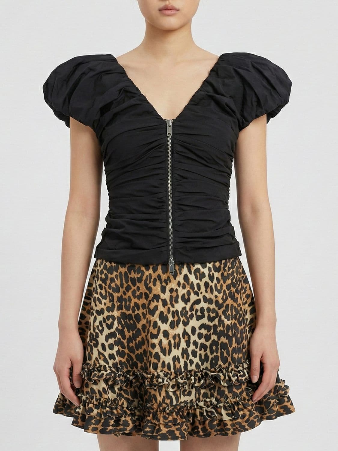 Ganni Ruched Cotton Top with Zip