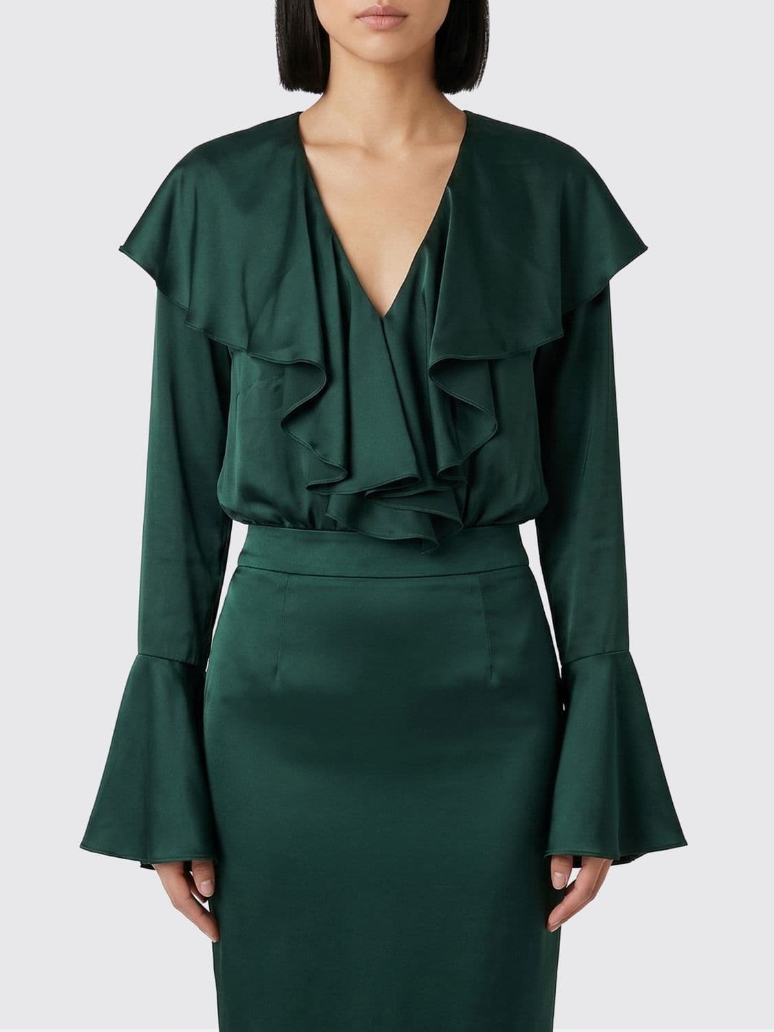 Norma Kamali Ruffled Satin Bodysuit Blouse