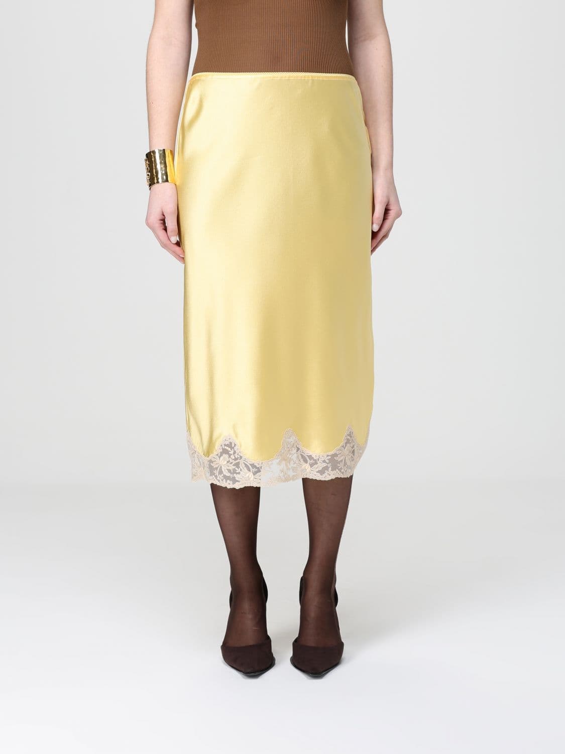 Saint Laurent Satin Midi Skirt with Lace Inserts